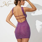 backless purple rhinestone dress